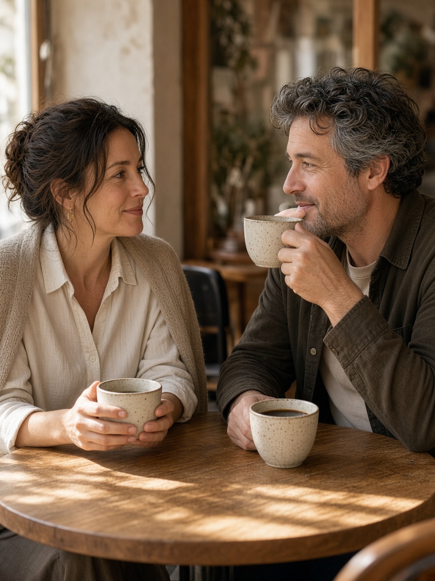 Two adults sharing coffee at a wooden table