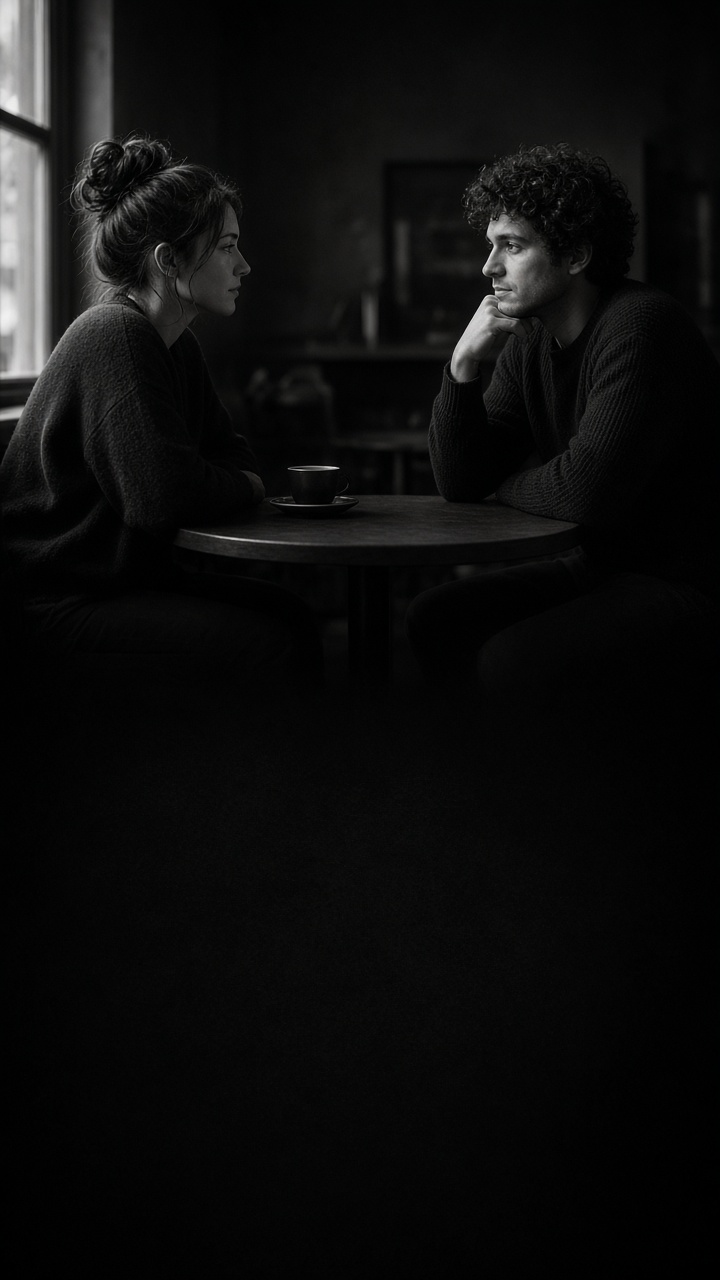 Two adults talking across a cafe table