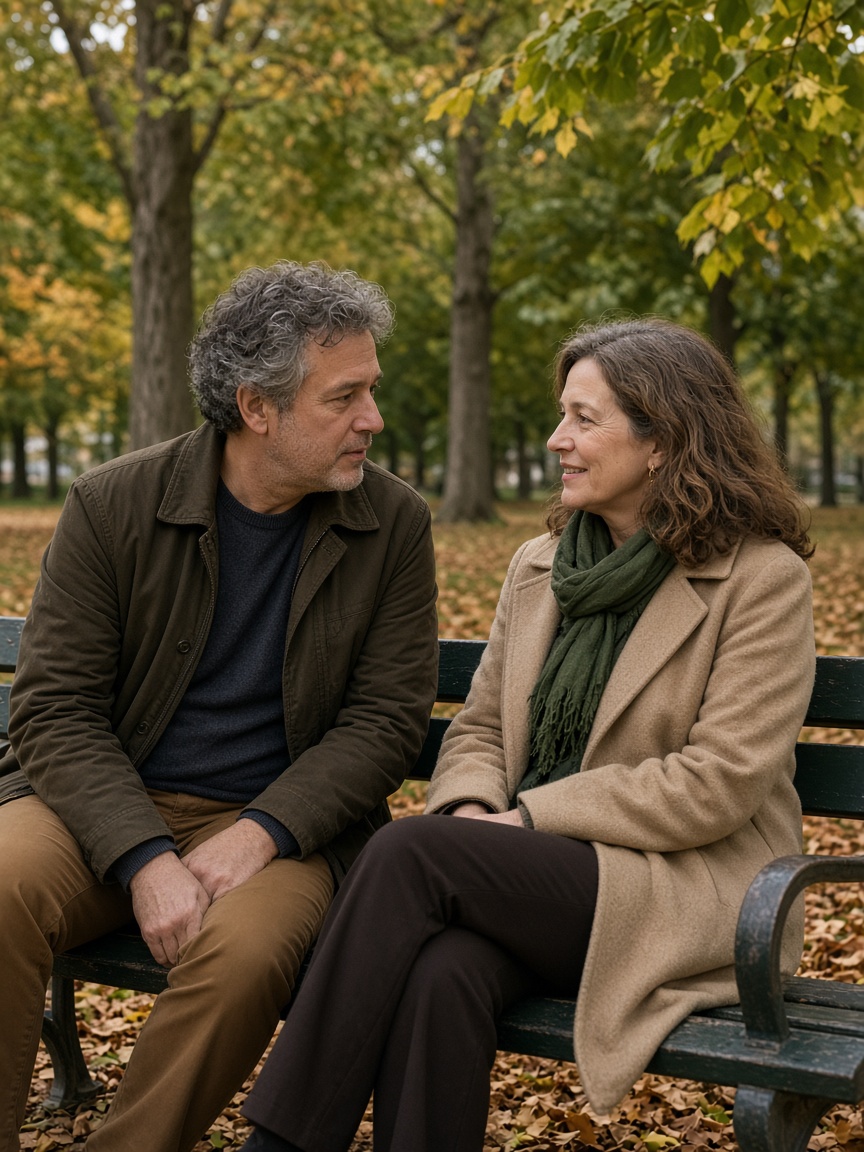 Two adults talking on a park bench